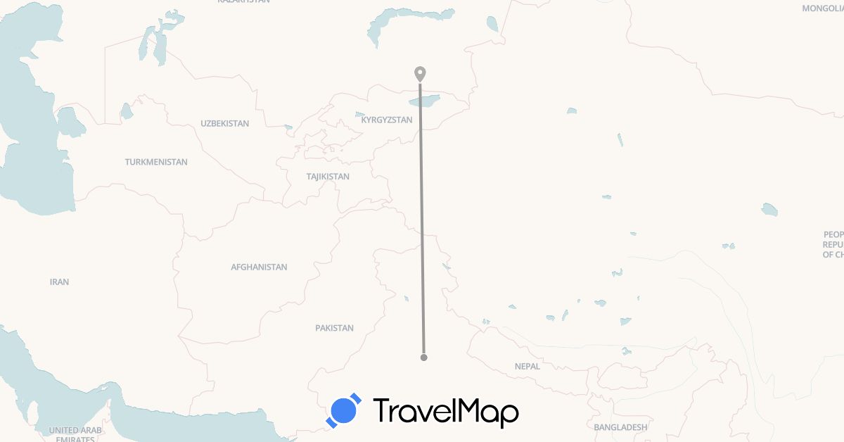 TravelMap itinerary: driving, plane in India, Kazakhstan (Asia)